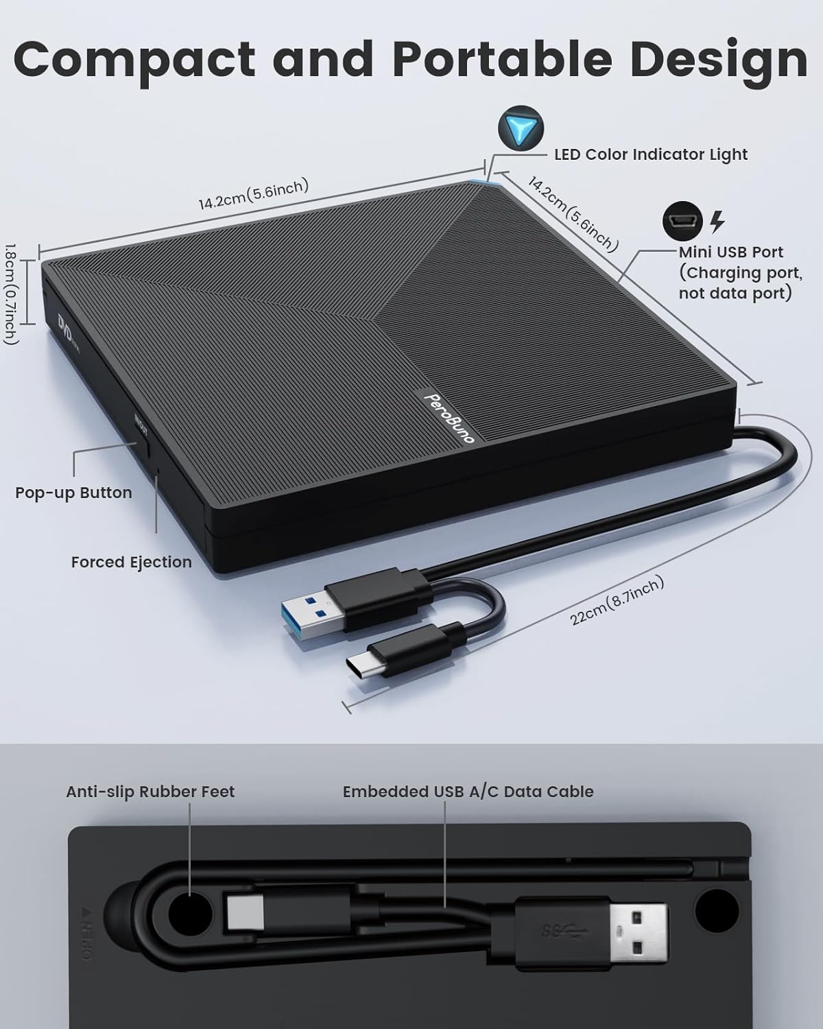 External CD DVD +/-RW Drive USB 3.0 USB C Portable CD/DVD Player Burner Reader Writer Optical CD ROM Disk Drive for Laptop Desktop PC Mac MacBook Pro/Air Windows Linux OS