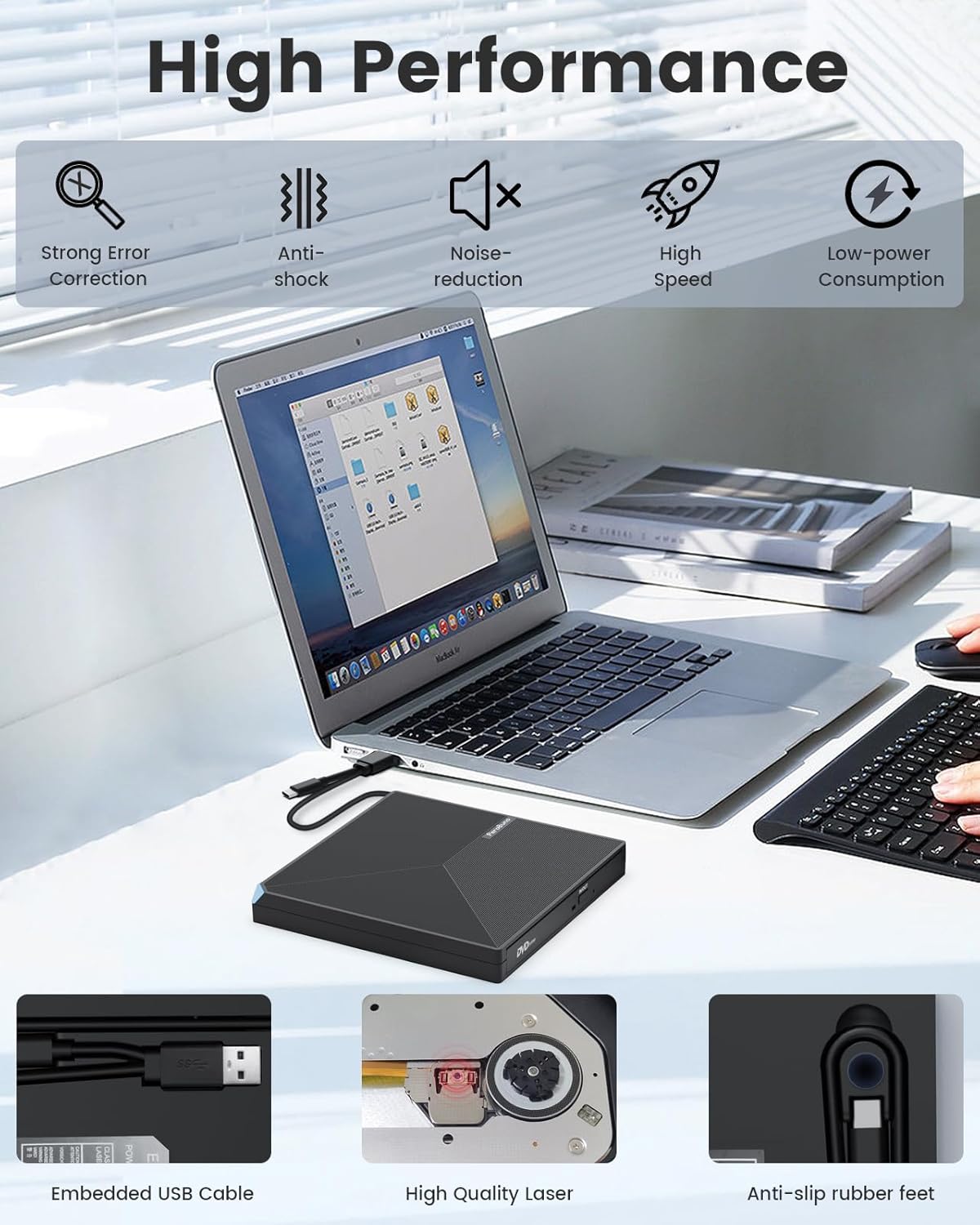 External CD DVD +/-RW Drive USB 3.0 USB C Portable CD/DVD Player Burner Reader Writer Optical CD ROM Disk Drive for Laptop Desktop PC Mac MacBook Pro/Air Windows Linux OS