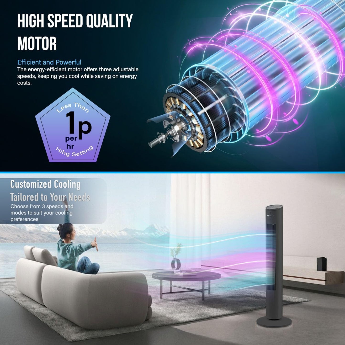 PureMate 43-inch Tower Fan, Oscillating Floor Fan with Remote Control, 3 Speeds Setting, LED Display, 7-Hour Timer, Powerful 40W Electric Standing Fan, Portable Quiet & Ideal for Bedroom