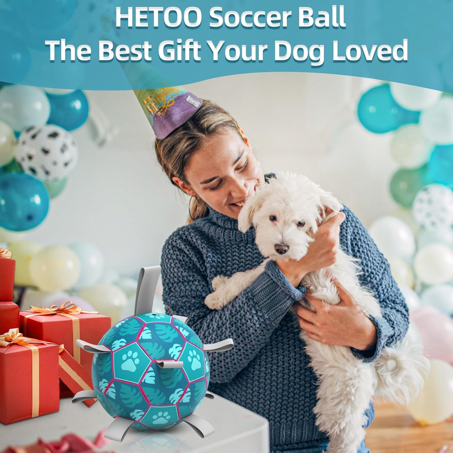 Dog Soccer Ball, Interactive Dog Toys for Tug of War, Puppy Birthday Gifts, Water Toy, Durable Dog Balls for Small & Medium Lake Blue