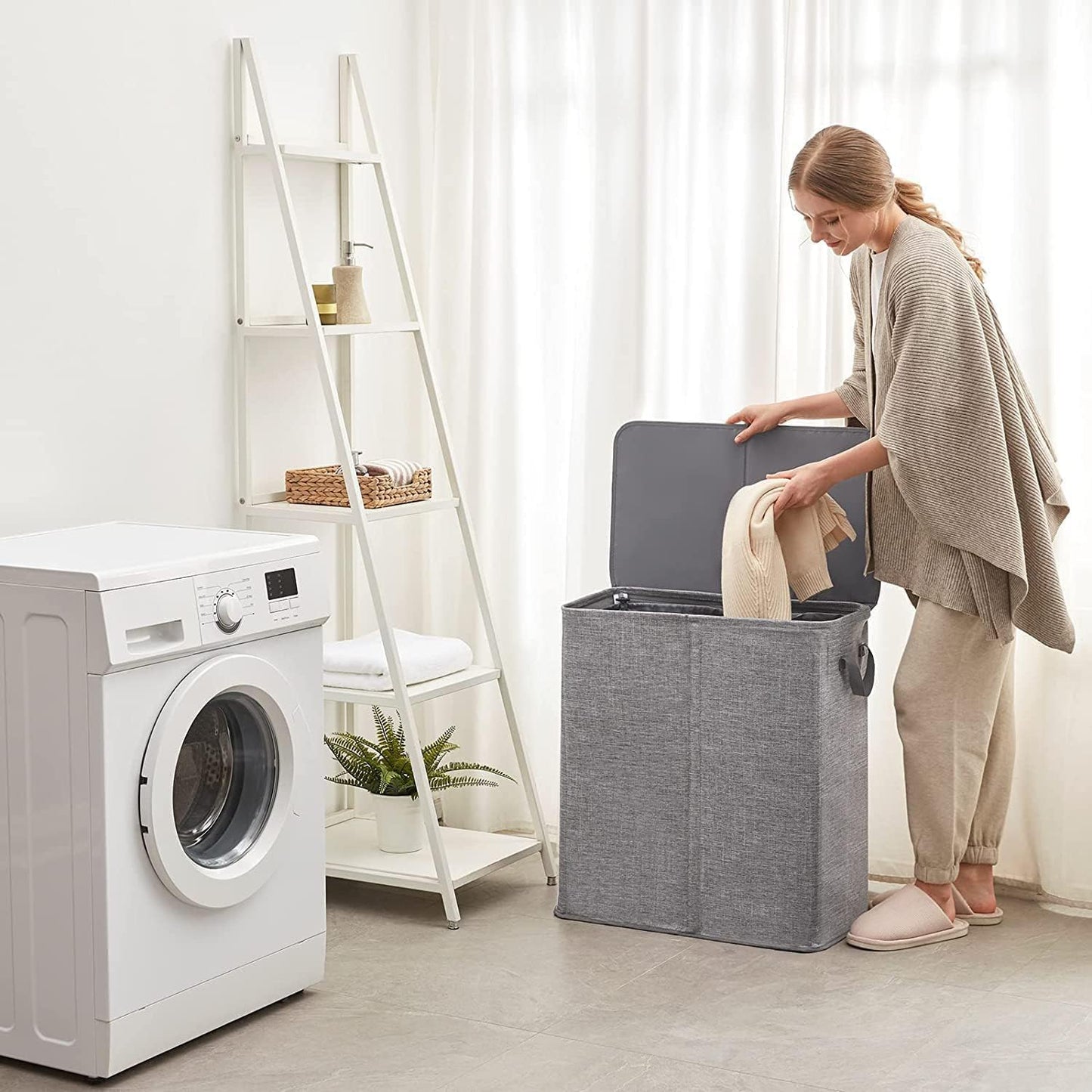 Double Laundry Basket with Lid & Removable Laundry Bags, 2 Compartments Washing Basket, 145L Large Laundry Hamper, Collapsible Laundry Bin Storage Basket Grey