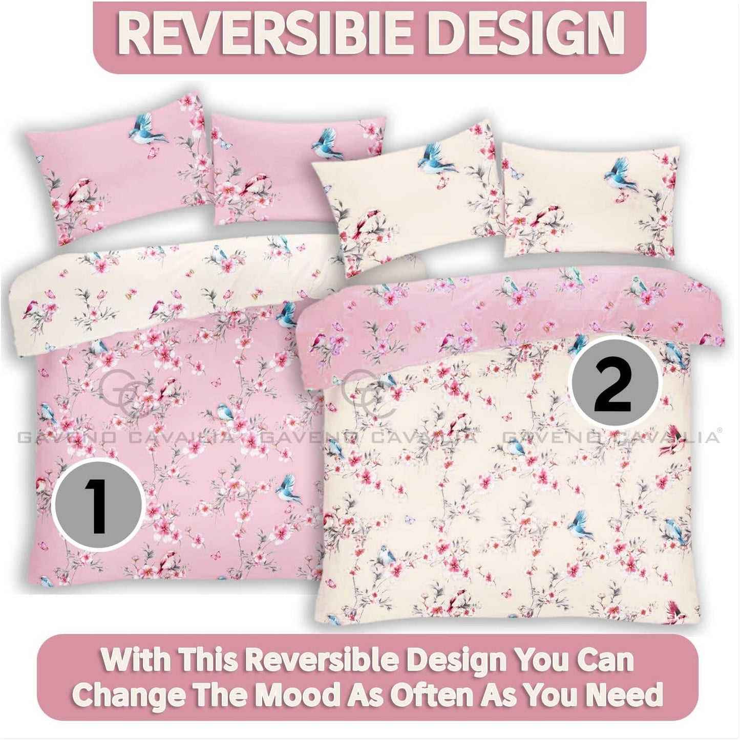 Flower Duvet Cover Double - Blossom Bedding Set With Pillowcase - Polycotton Fabric- Pink