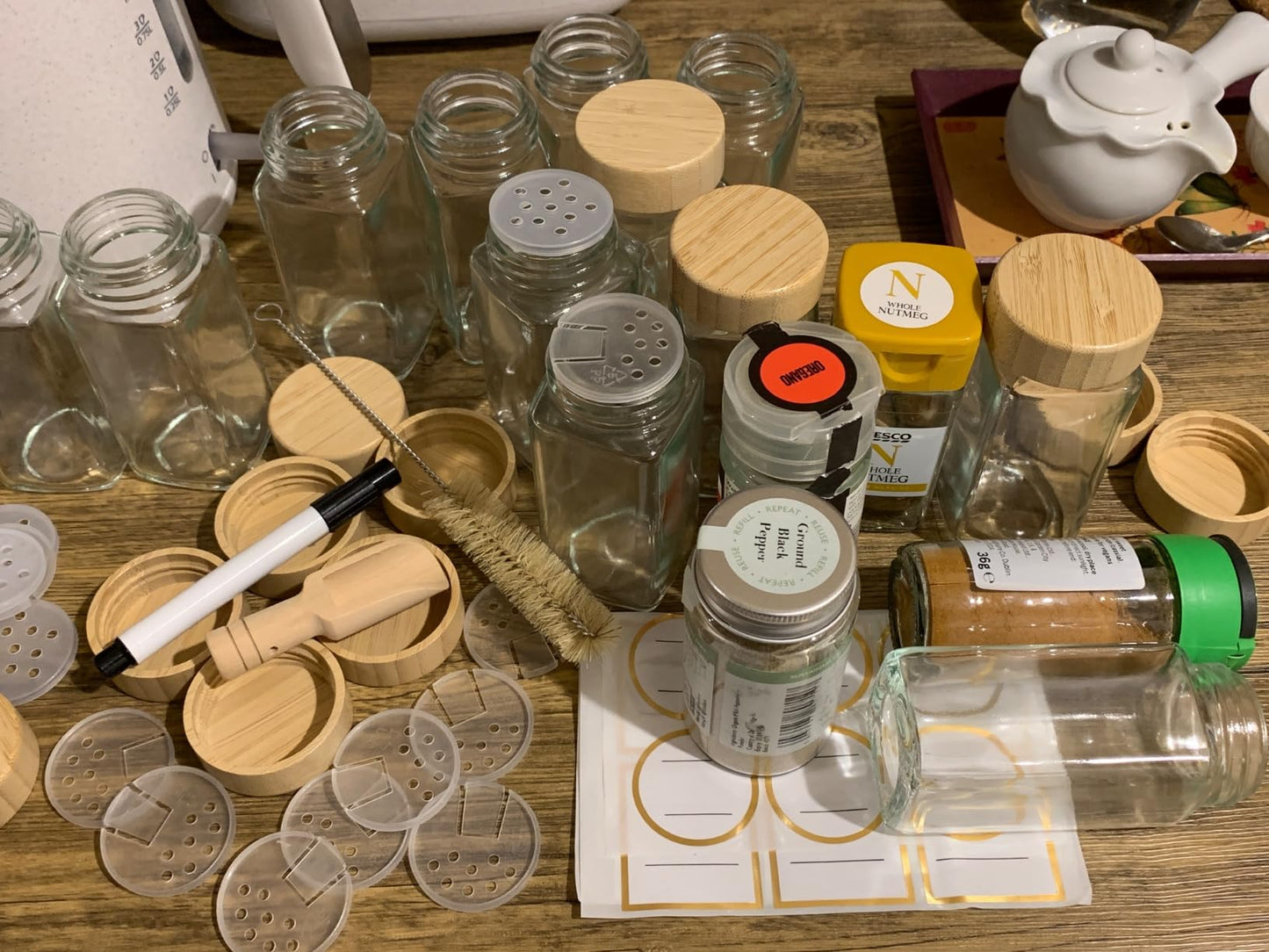 New 12 Glass Square Spice Jars with Bamboo Lids Seasoning Container with Sprinkle Insert