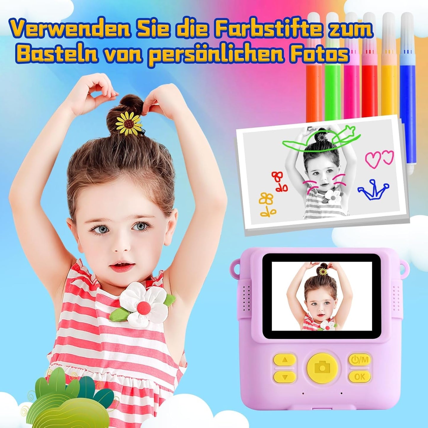 Kids Instant Print Camera, 1080P HD Digital Camera with 32G SD Card, 3 Rolls Photo Paper & 6 Color Pens, for 3-14 Year Old Girls