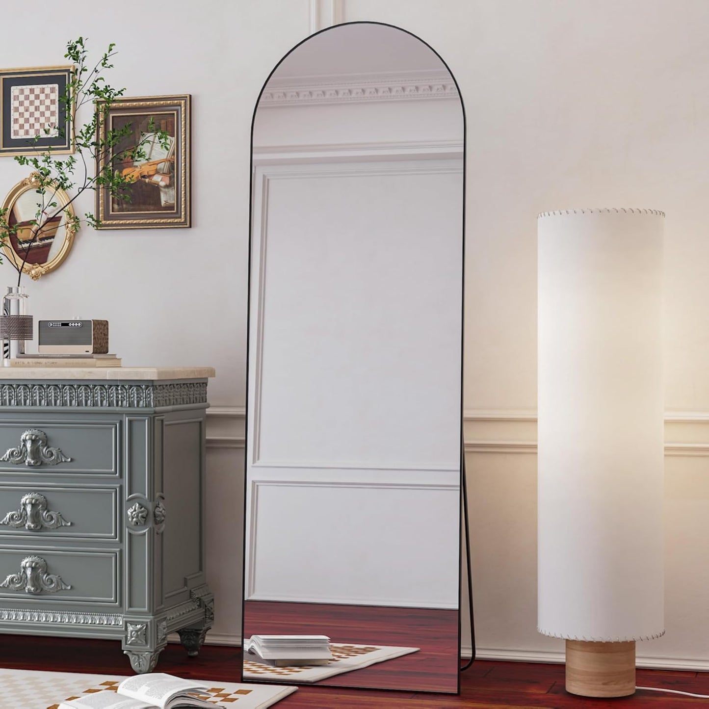 146x44cm Arched Floor Mirror, Full length Standing Mirror with Aluminum Frame, Hanging or Leaning, for Bedroom Living Room, Black