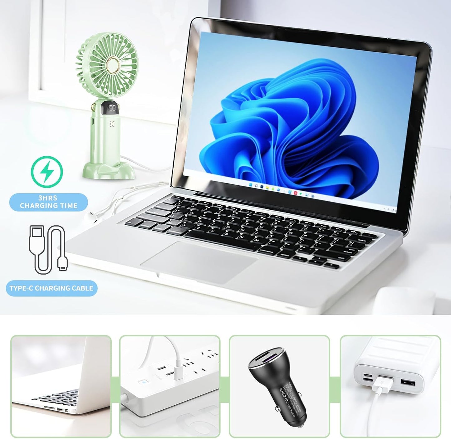 Portable Handheld Rechargeable Mini Fan with USB Battery, Foldable Desk Fan, 5 Speeds LED Display