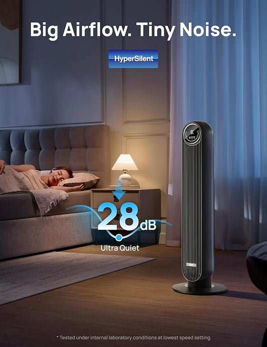 Silent Tower Fan, 25 ft/s Velocity Electric Cooling Fan with Remote, 90° Oscillating 4 Speeds 4 Modes 8H Timer LED Display, Quiet Standing Bladeless Floor Fans for Bedroom, Nomad One, Black