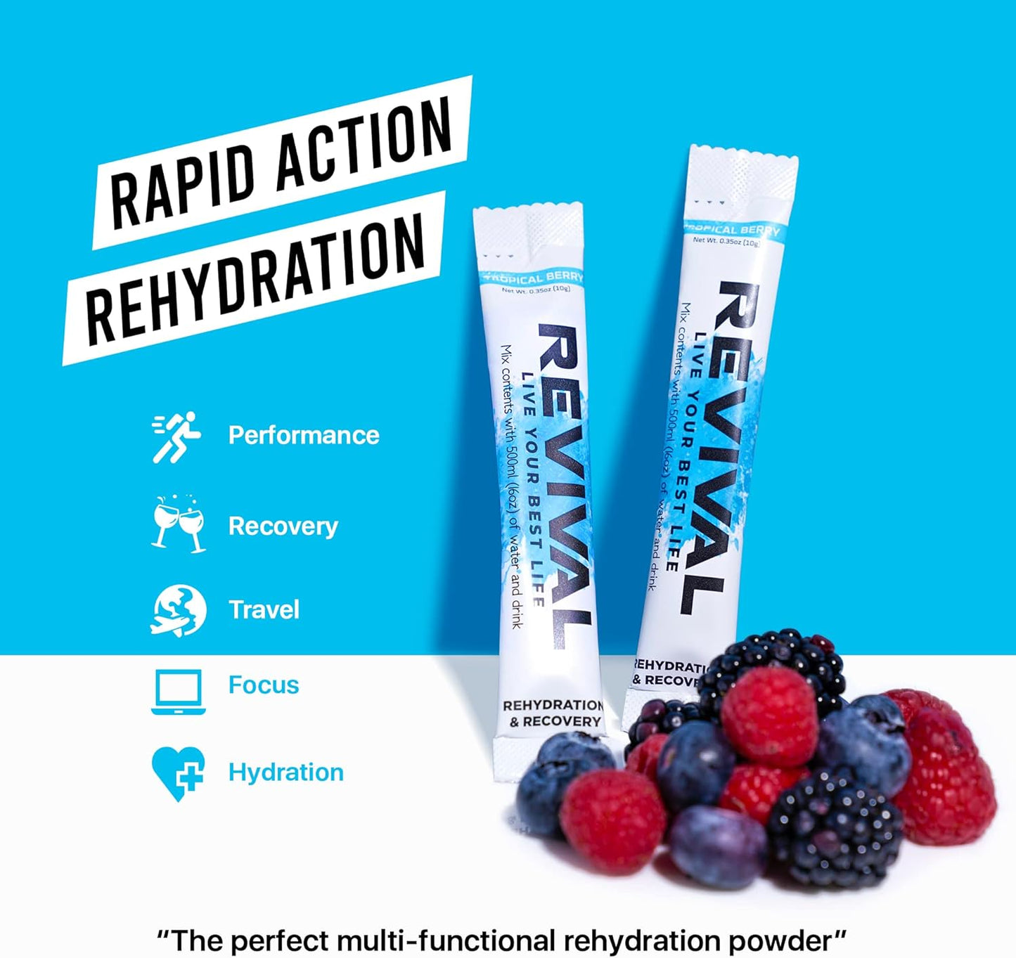 Rapid Rehydration Electrolytes Powder - High Strength Vitamin C, B1, B3, B5, B12 Supplement Sachet Drink, Effervescent Electrolyte Hydration Tablets