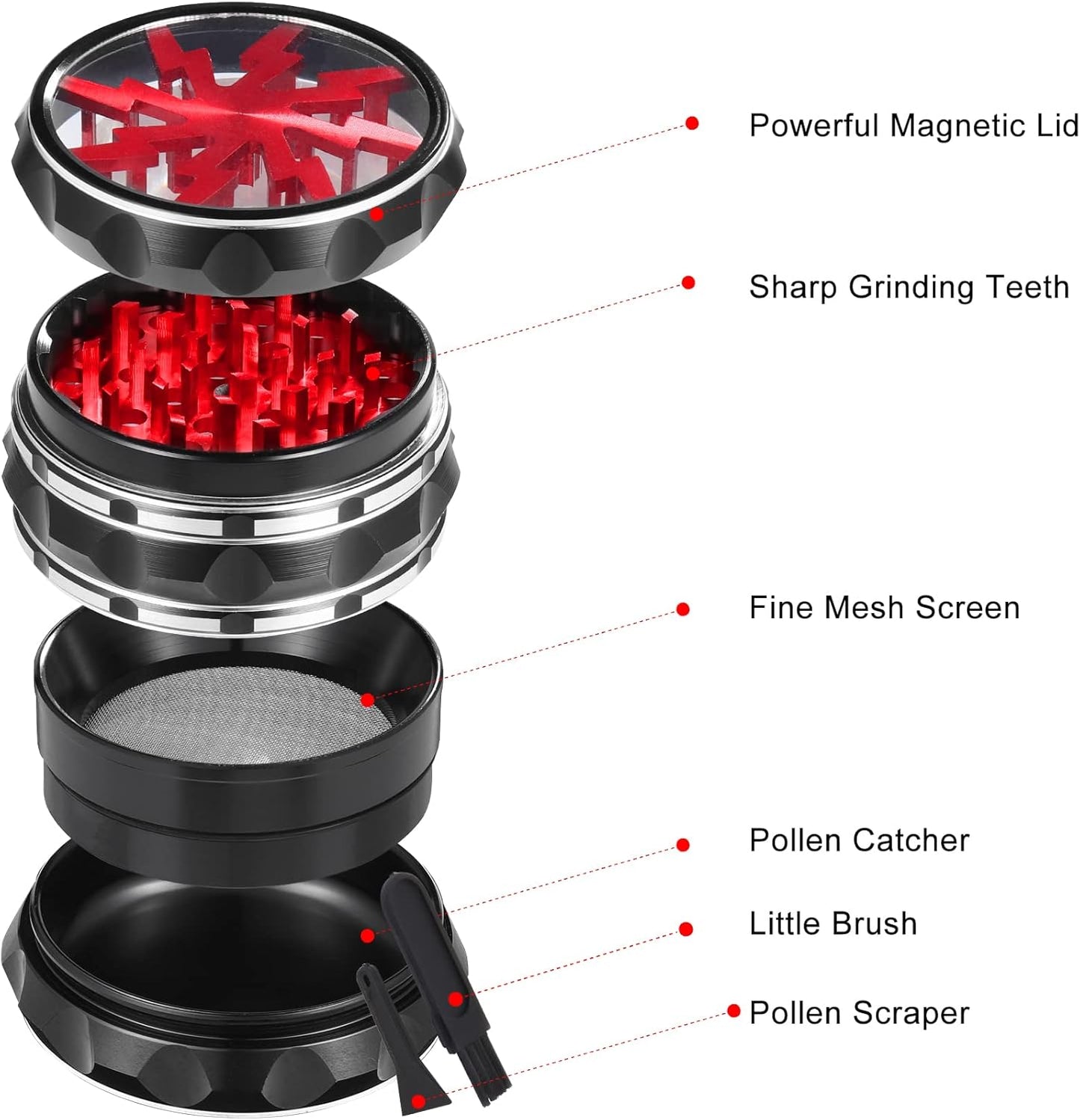 4 Pieces Clear Top Herb Grinder - Aluminium Spice Grinder with Pollen Scraper and Cleaning Brush - Black and Red.