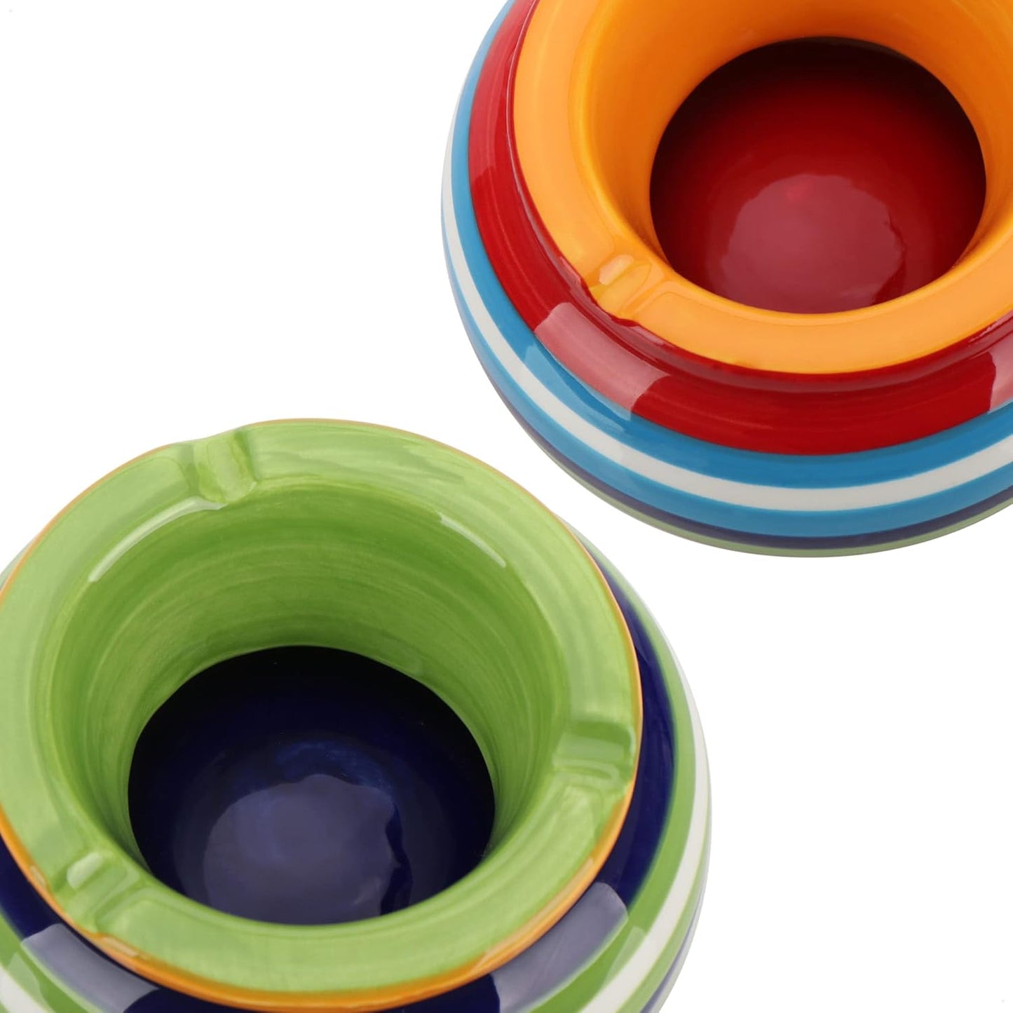 2x wind ashtray made of dolomite - weatherproof storm ashtray made of ceramic - small table ashtray with lid - design with colorful stripes