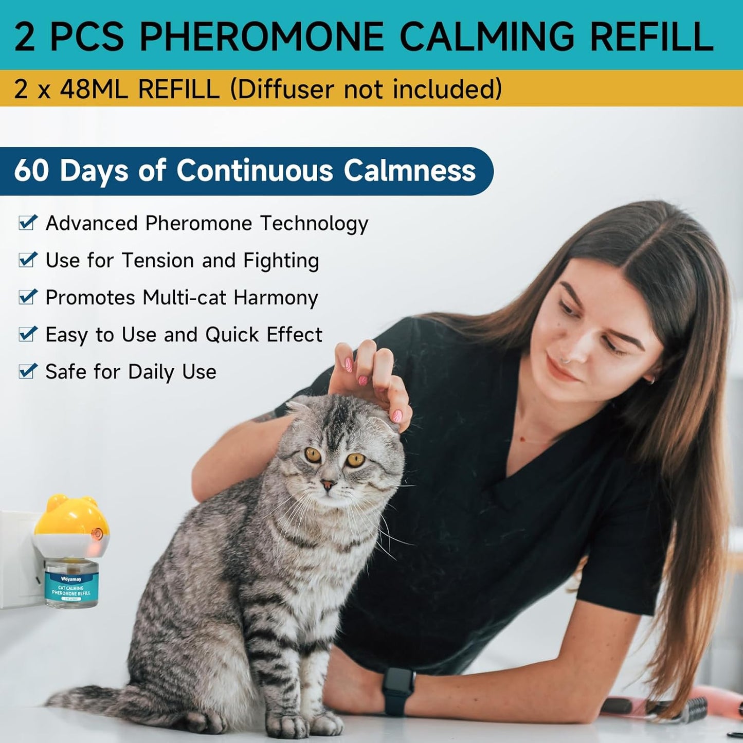 2 Pack Cat Calming Plug-in Refill, Calming Cat Pheromones Diffuser Refill - Cat Calming Diffuser Refills Relieve Anxiety & Stress 2 Month Supply