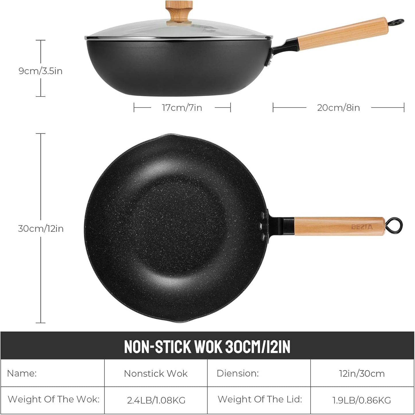 Nonstick Wok with Lid 30cm, Induction Wok Pan with Flat Bottom, 12inch Stir-Fry Pan and Non Stick Frying Pan, Removable Wooden Handle, Compatible All Stoves, Black (12421B)