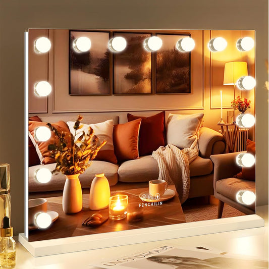 Hollywood Mirror with RGB Backlit 15 LED Vanity Mirror with Lights 3 Lighting Modes Dynamic RGB Backlit Hollywood Vanity Makeup Mirror with Lights Shatterproof for Dressing Table 58x46cm