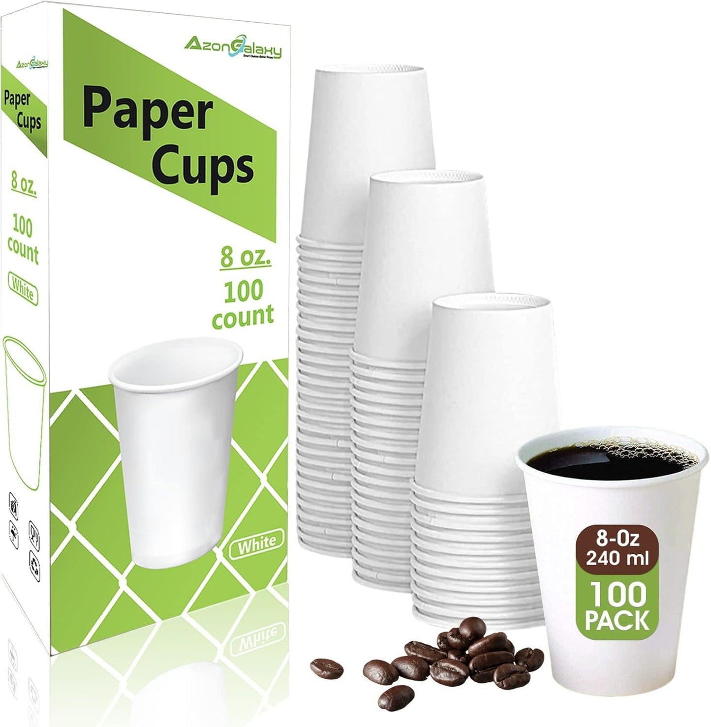 100 X 8oz Top-Tier Quality Paper Cups, 240ml White Disposable Cups, Eco Friendly Paper Cups For Hot and Cold Drinks, Premium Disposable Coffee Cups for Home, Office, Café, Work, Parties, Outdoors