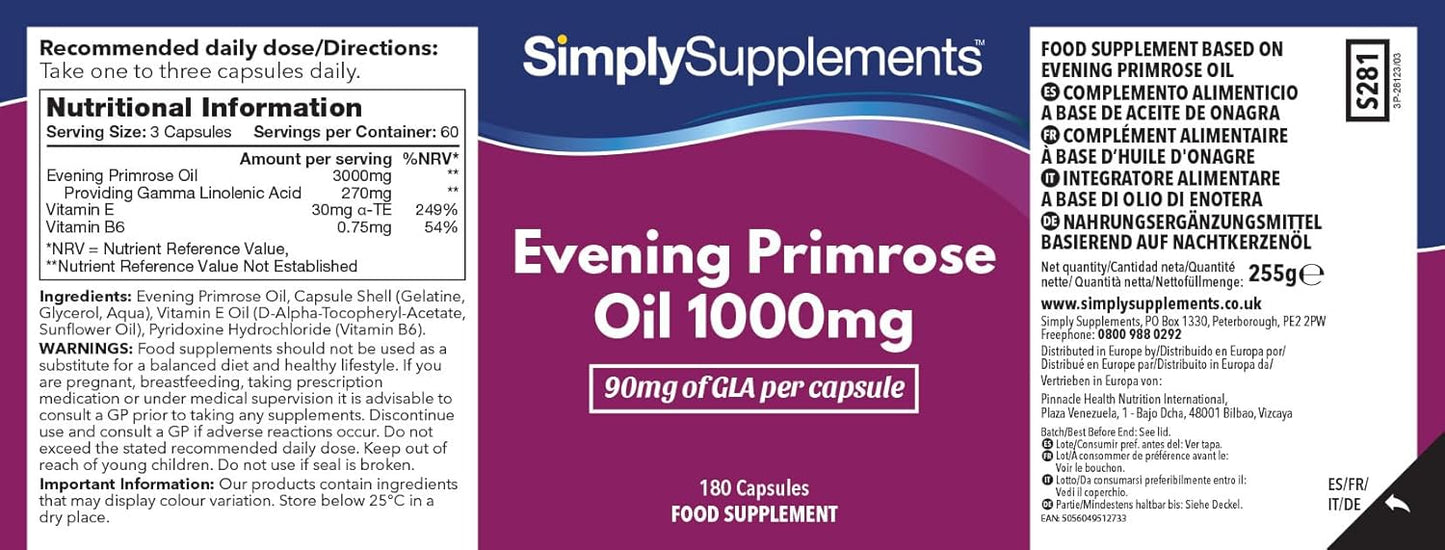 Primrose Oil 1000mg Capsules | Supports Hormonal Balance & Healthy Skin | with Added Vitamins B6 & E