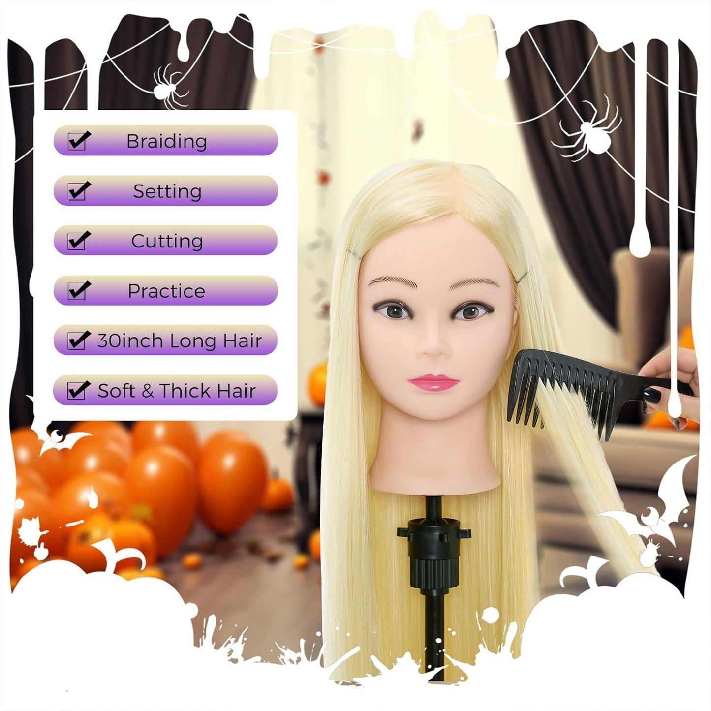Synthetic Fiber Hair Training Head Hairdressing Practice Mannequin Manikin with Clamp + Hair Styling Braid Accessoires Set