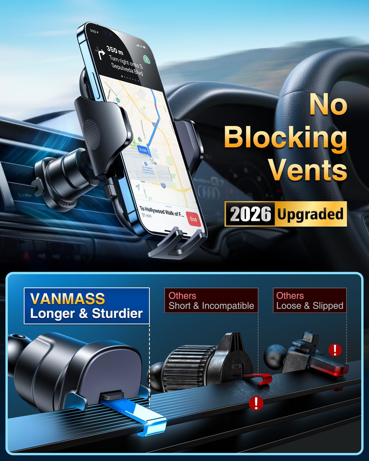 Car Phone Holder with Rotate Lock and Strong Suction Cup - Dashboard Windscreen Vent Mount Universal Cradle