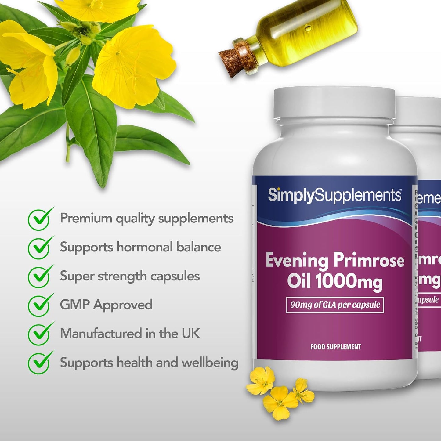 Primrose Oil 1000mg Capsules | Supports Hormonal Balance & Healthy Skin | with Added Vitamins B6 & E