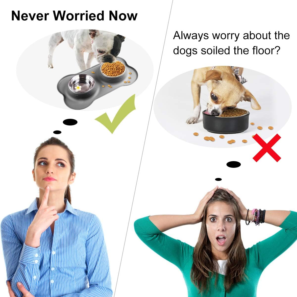 Double Dog Bowls- Stainless Steel 350ml/Bowl Puppy Water and Food Bowl with Non-skid Anti-overflow Silicon Tray Mat for Puppy Dogs, With Pet Food Shovel