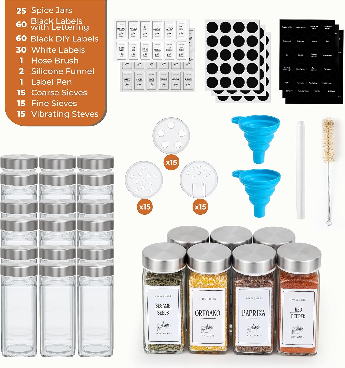 Round Spice Jars with Stainless Steel Lids, 120ml Kitchen Spice Containers with Label , Pen, Hose Brush, 2 Silicone Funnels, for Home Kitchen Spice, Seasonings, Condiments, Herbs Storage