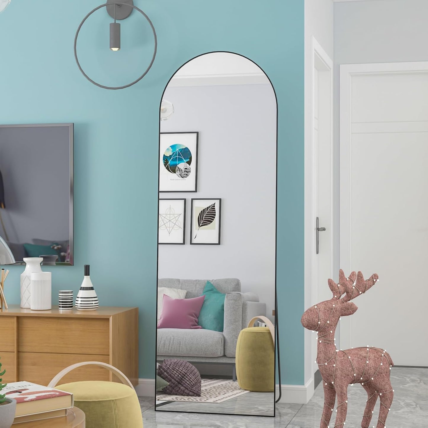 146x44cm Arched Floor Mirror, Full length Standing Mirror with Aluminum Frame, Hanging or Leaning, for Bedroom Living Room, Black