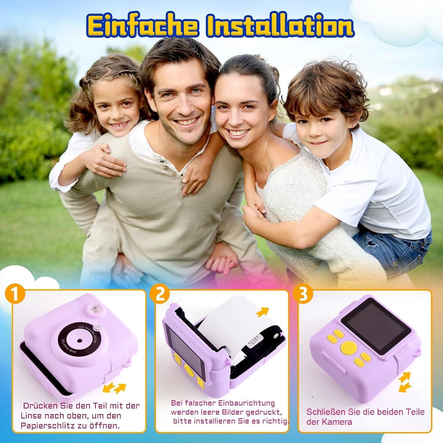 Kids Instant Print Camera, 1080P HD Digital Camera with 32G SD Card, 3 Rolls Photo Paper & 6 Color Pens, for 3-14 Year Old Girls