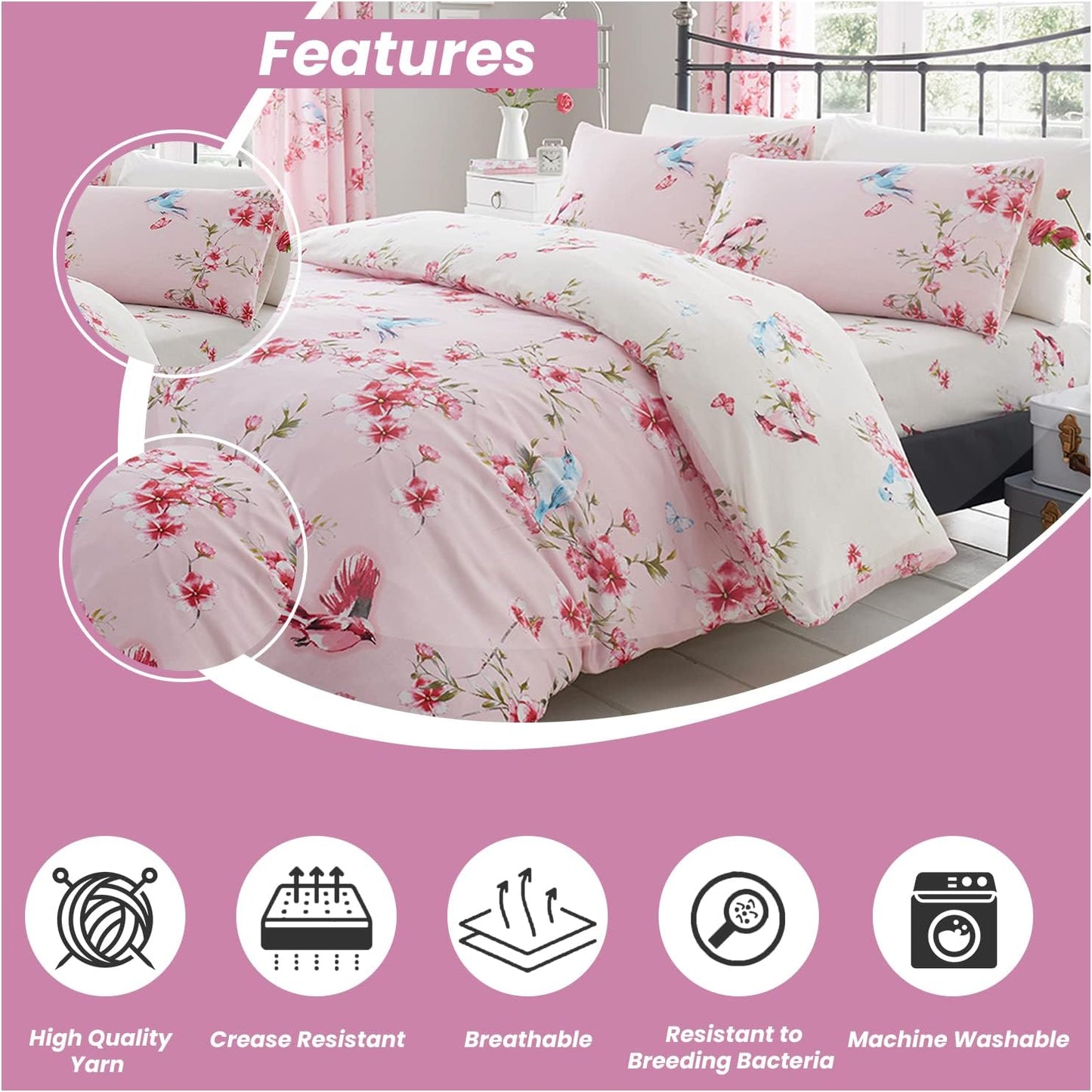 Flower Duvet Cover Double - Blossom Bedding Set With Pillowcase - Polycotton Fabric- Pink