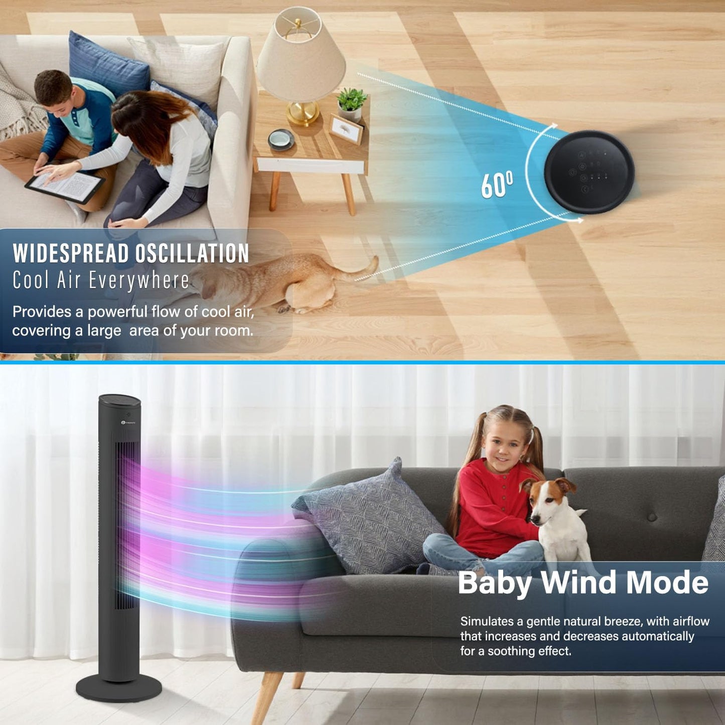 PureMate 43-inch Tower Fan, Oscillating Floor Fan with Remote Control, 3 Speeds Setting, LED Display, 7-Hour Timer, Powerful 40W Electric Standing Fan, Portable Quiet & Ideal for Bedroom