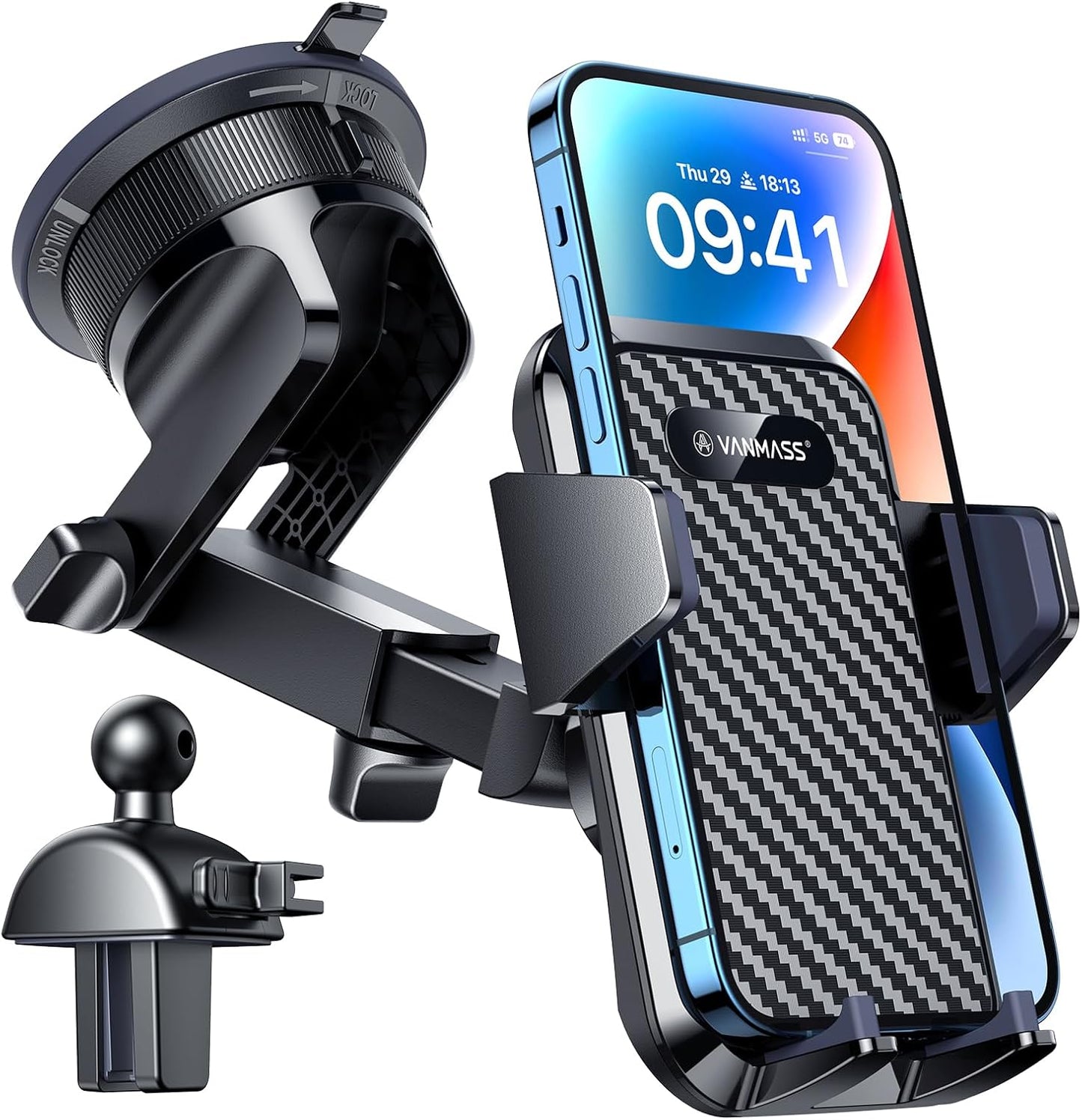 Car Phone Holder with Rotate Lock and Suction Cup - Dashboard Windscreen Vent Mount Universal Cradle