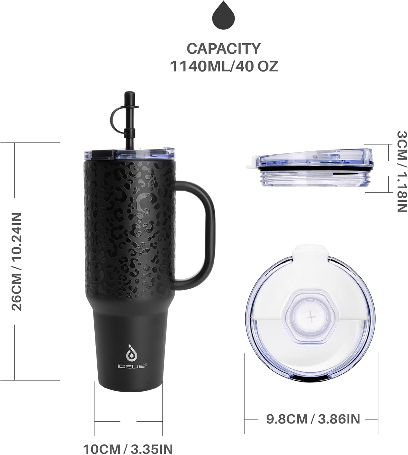 Insulated Tumbler, 40oz Stainless Steel Double Walled Travel Tumbler with Handle and Straw Lid for Cold & Hot Beverages (Black)