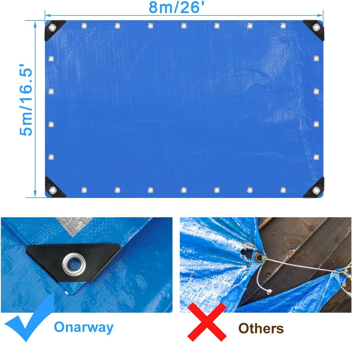 Onarway Tarpaulin 5m x 8m Thicken Tarpaulin Waterproof Heavy Duty 110GSM with Reinforced Grommets, Tarp Sheet Cover for Multipurpose Outdoor Use, Blue