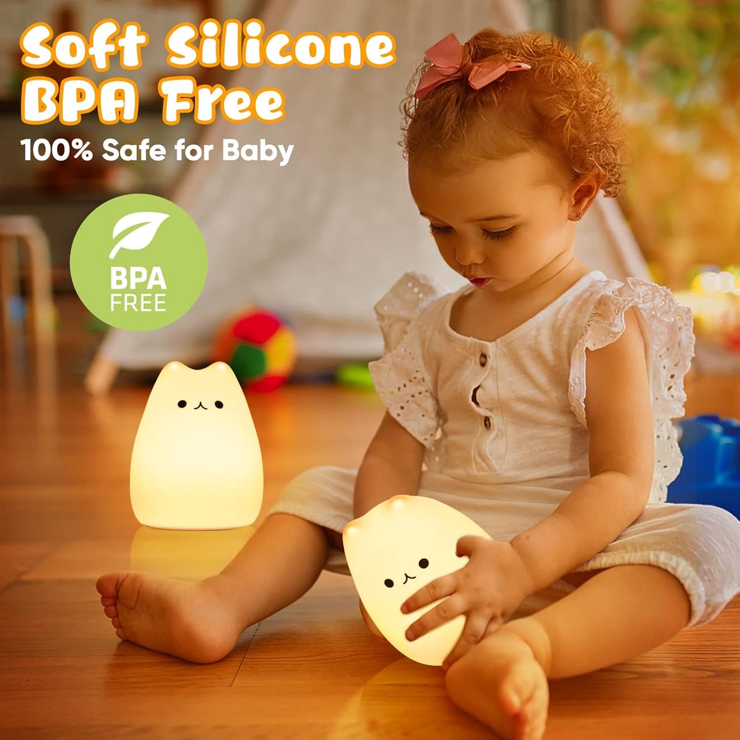 Cat Night Light - Kids Nightlight, Squishy Cute Lamp with Timer & 7 Colors, Rechargeable Bedside Lamp for Toddler & Baby