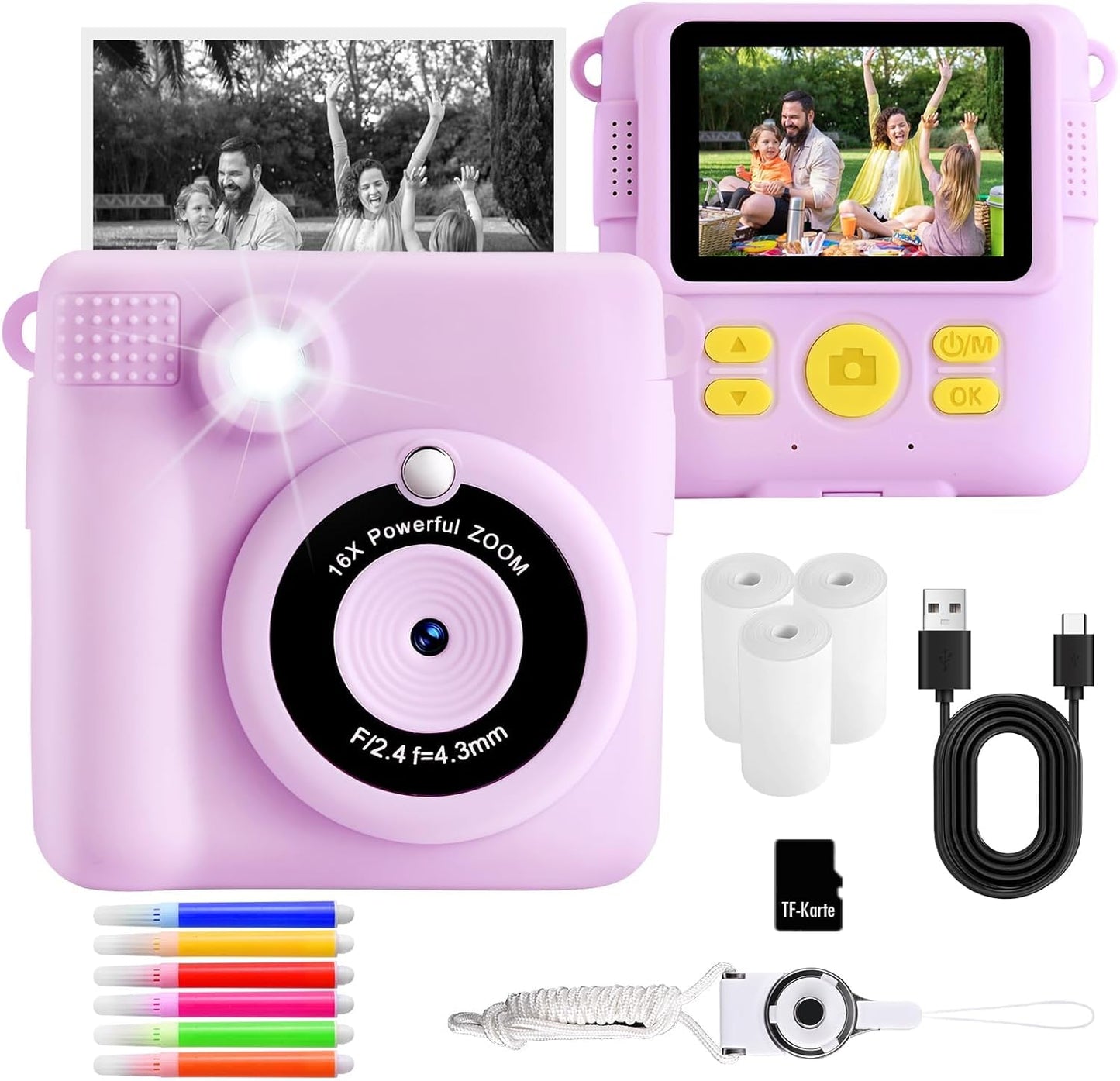Kids Instant Print Camera, 1080P HD Digital Camera with 32G SD Card, 3 Rolls Photo Paper & 6 Color Pens, for 3-14 Year Old Girls