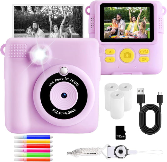 Kids Instant Print Camera, 1080P HD Digital Camera with 32G SD Card, 3 Rolls Photo Paper & 6 Color Pens, for 3-14 Year Old Girls