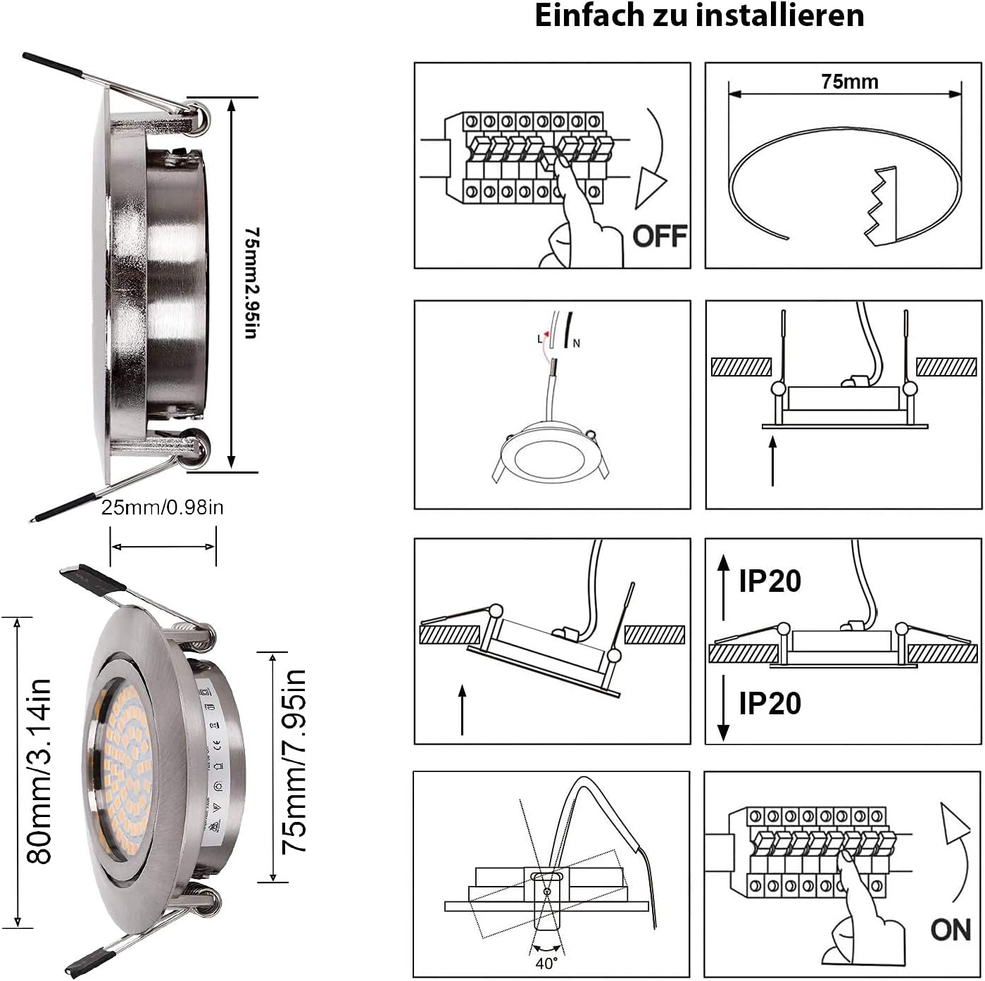 LED Recessed Ceiling Spot Lights 5W Cool White 6000K Downlight Ultra Slim Not Dimmable Rotatable Spotlights IP20 Protection for Living Room Bedroom Kitchen, Open Hole Size 75-80mm, Pack of 8
