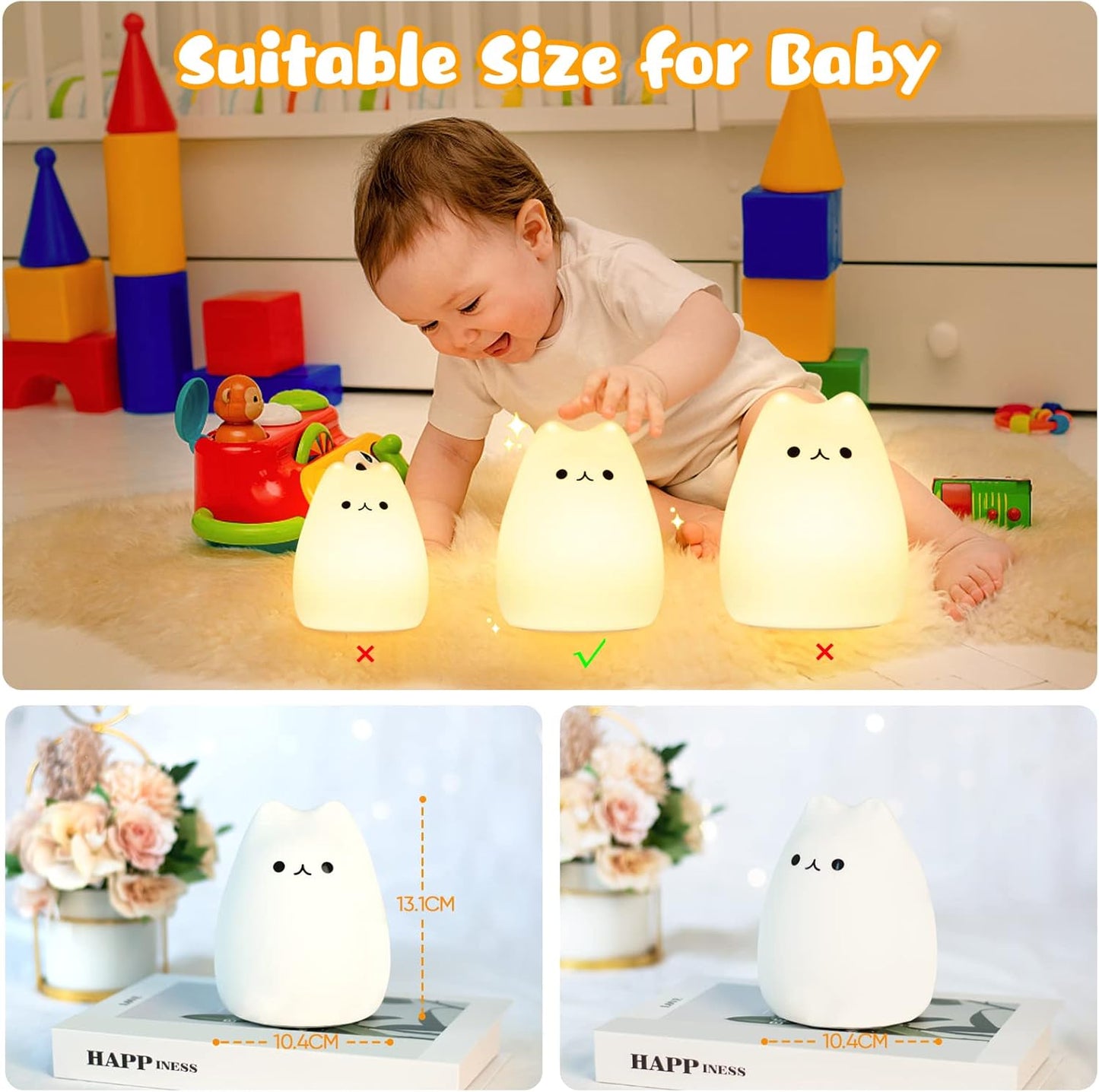 Cat Night Light - Kids Nightlight, Squishy Cute Lamp with Timer & 7 Colors, Rechargeable Bedside Lamp for Toddler & Baby