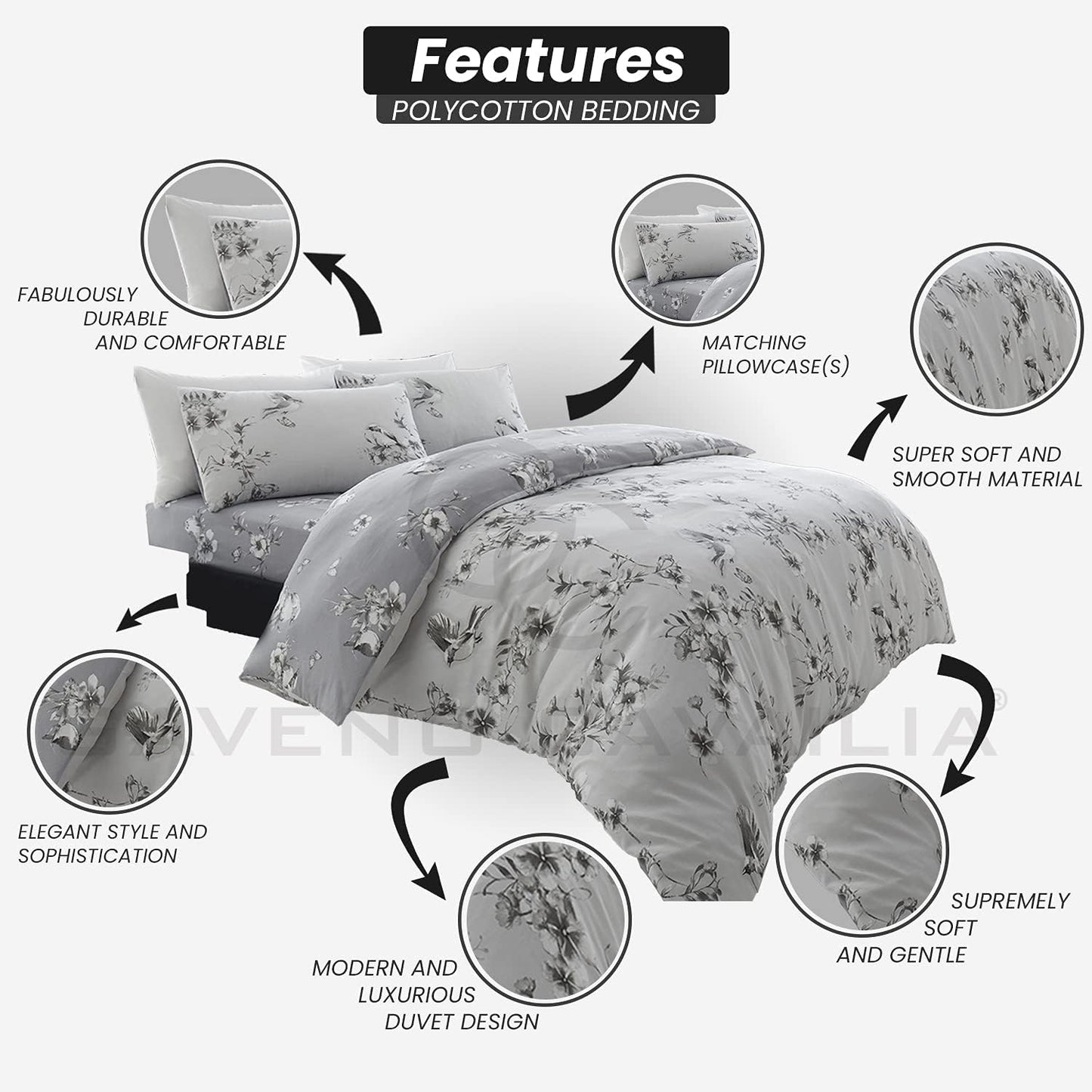 Duvet Cover With Pillow Cases - Polycotton Quilt Cover - Bedding Set King Size- Grey