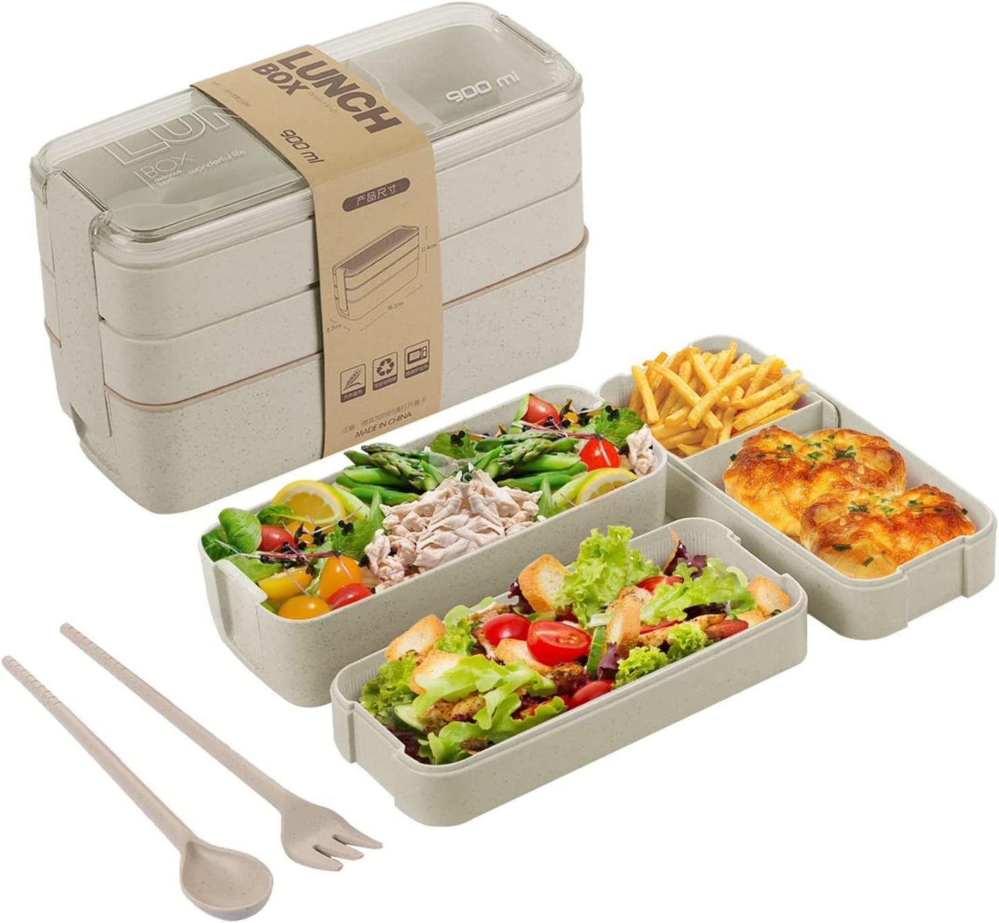 Bento Box with Cutlery Set | 3 Compartments Japanese Lunchbox | Portable, Leak Resistant, Dishwasher & Microwave Safe Lunch Container