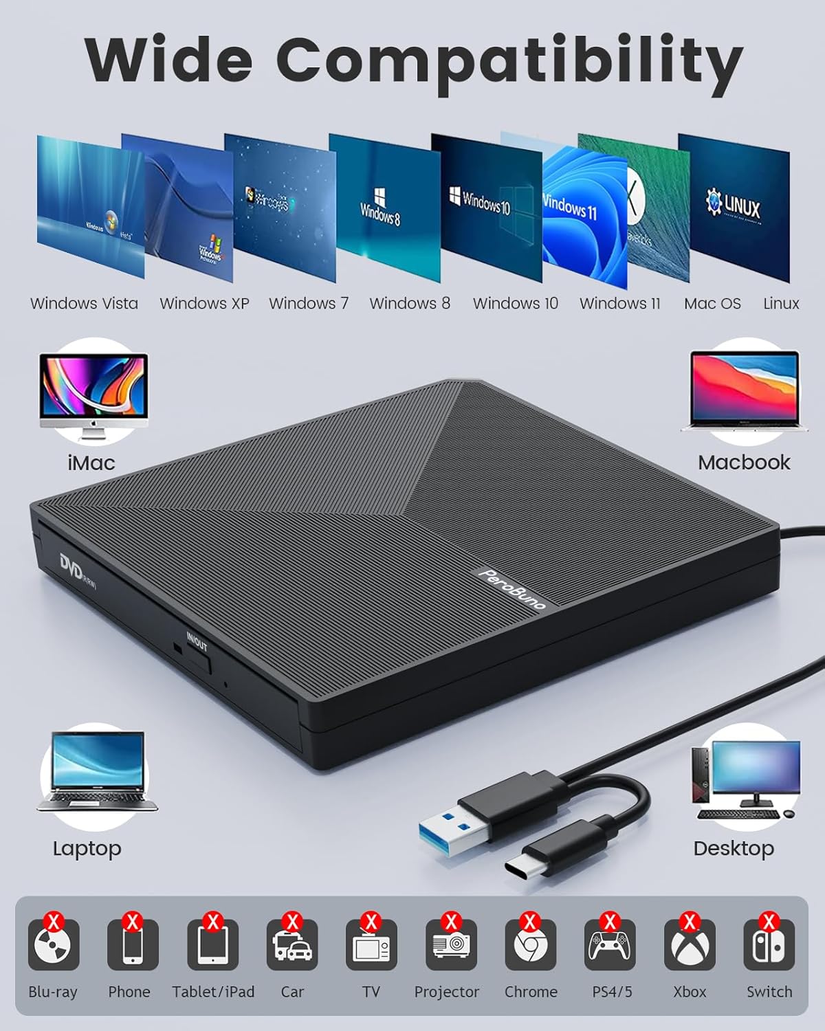 External CD DVD +/-RW Drive USB 3.0 USB C Portable CD/DVD Player Burner Reader Writer Optical CD ROM Disk Drive for Laptop Desktop PC Mac MacBook Pro/Air Windows Linux OS