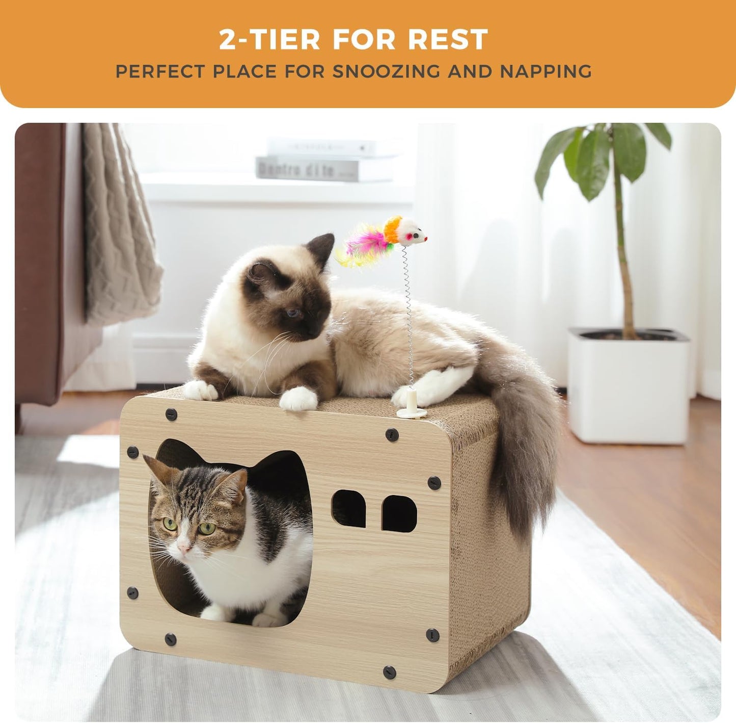 Cat Scratching Post Cat Cardboard House Cat Scratcher Board Cardboard Corrugated 2 in 1 All Sided Use Scratching Pad with Spring Mouse Toy