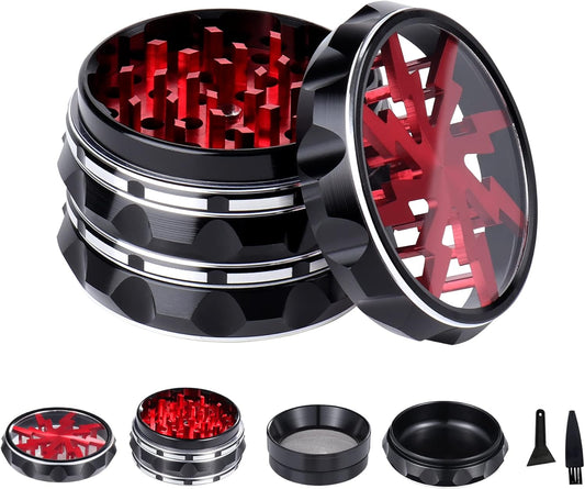 4 Pieces Clear Top Herb Grinder - Aluminium Spice Grinder with Pollen Scraper and Cleaning Brush - Black and Red.