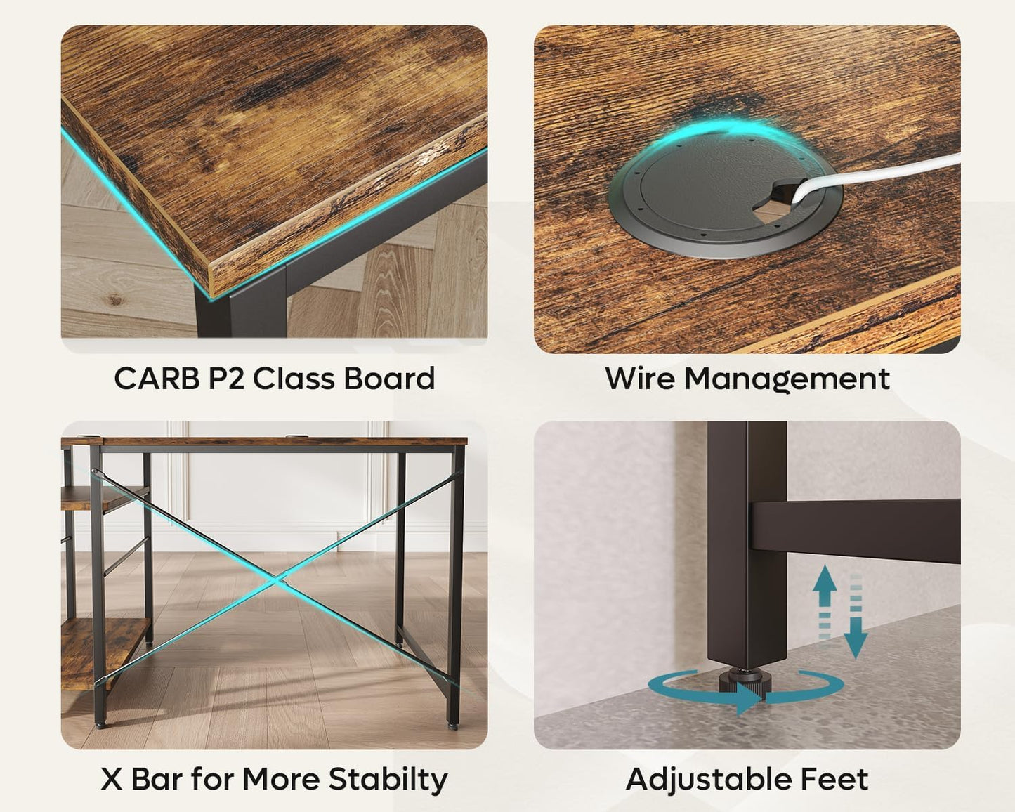 150CM Reversible L Shaped Desk with Shelves Industrial Corner Desk 240CM Long Table Computer Workstation with 3 Cable Holes
