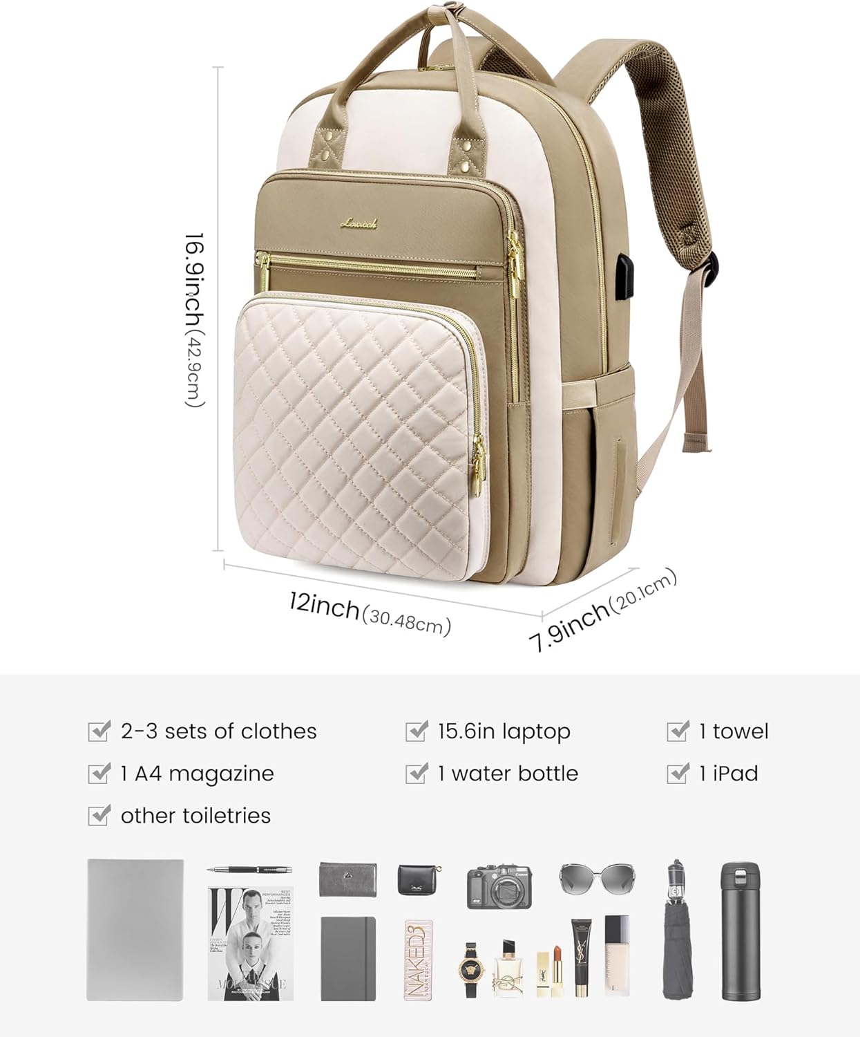 Laptop Backpack Women 15.6 Inch, Backpacks Womens, Rucksack Bag for College Work Travel University, Ladies Lightweight Commuter Bags with USB Port, Beige Khaki