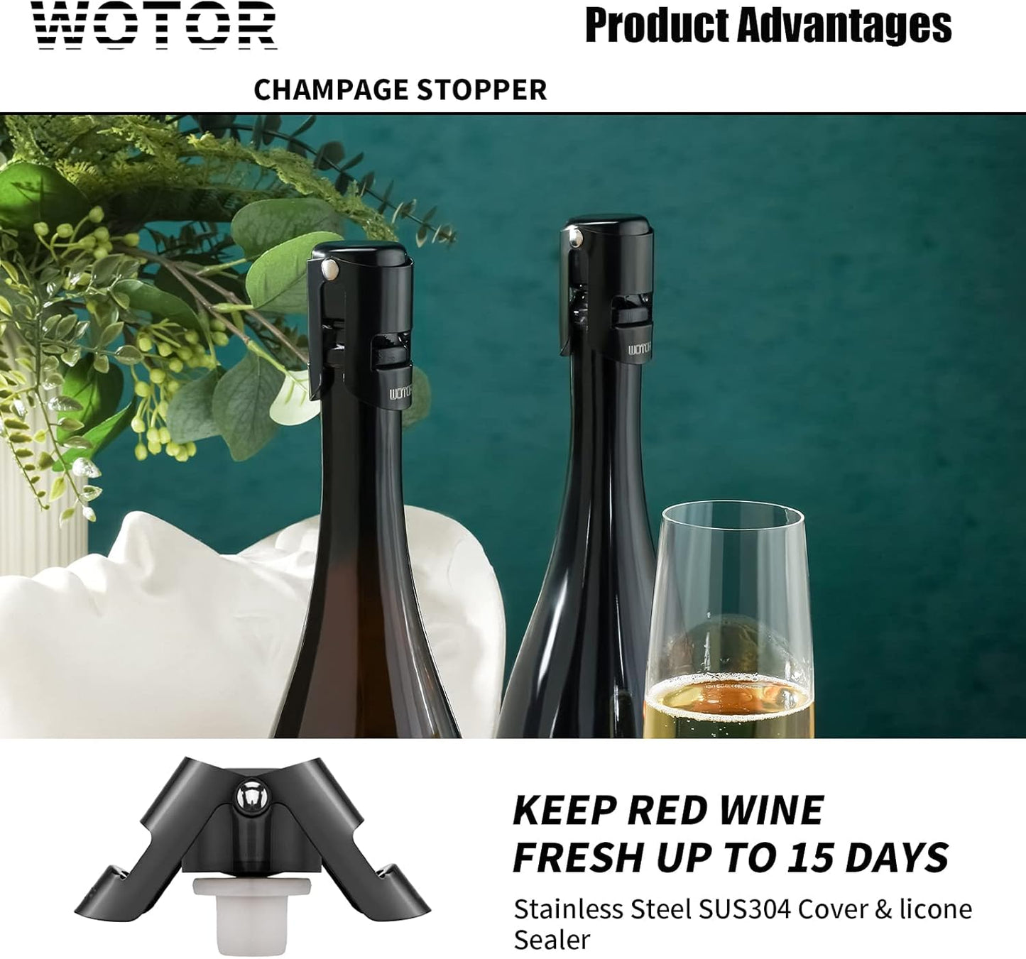 Champagne Bottle Stoppers Stainless Steel, Prosecco Stopper with Food Grade Silicone