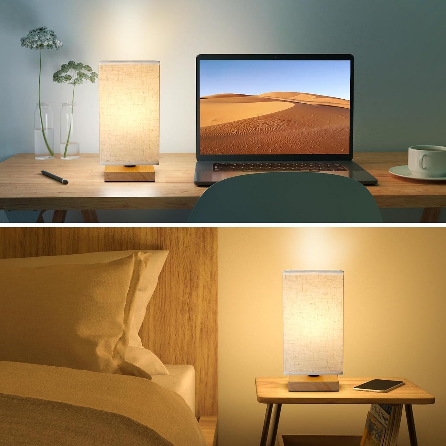 Table Lamp Small Bedside Lamp Minimalist with Rectangle Fabric Shade Natural Wooden Base