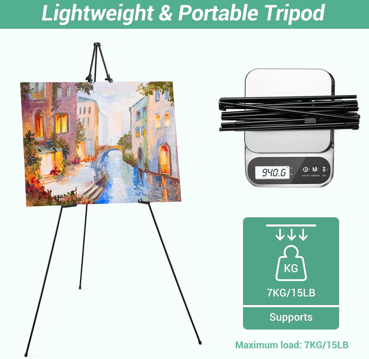 Portable Artist Easel Stand 63'' Adjustable Tripod Table Top Art Canvas Painting Display - Easy Folding Studio Telescopic Floor Easels for Wedding Sign Poster Black Indoor Outdoor