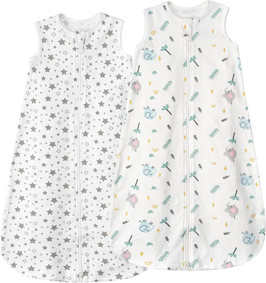 Baby Sleeping Bag 0.5 Tog 0-6 Months 100% Cotton Summer Sleeping Bag Baby 2 Pack Sleep Sack Elephants & Stars