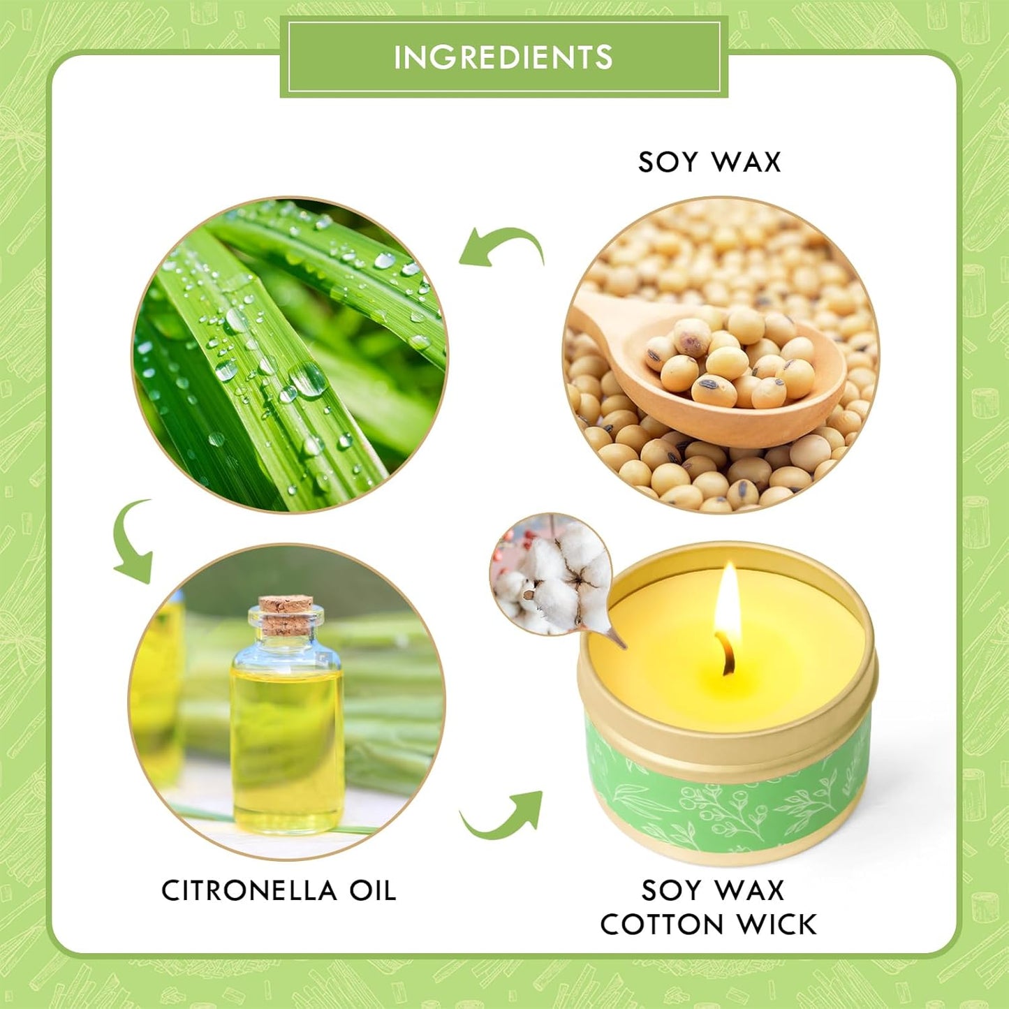 Citronella Candle Outdoor, Citronella Candles 6 Pack, Soy Wax, Lemongrass Citronella Essential Oil, Portable Travel Tin Candles for Outdoor, Indoor, Garden, Camping