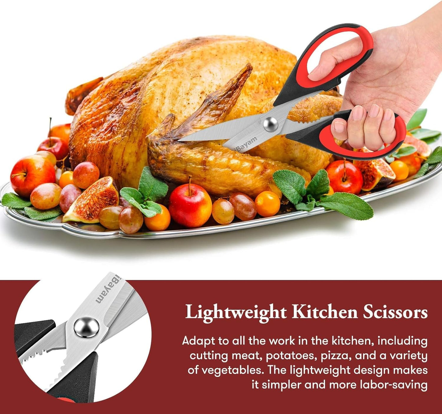 Kitchen Shears, 2-Pack Kitchen Scissors Heavy Duty Meat Scissors, Dishwasher Safe Cooking Scissors, Multipurpose Stainless Steel Sharp Utility Food Scissors for Chicken (Red,Black,Grey),(02)