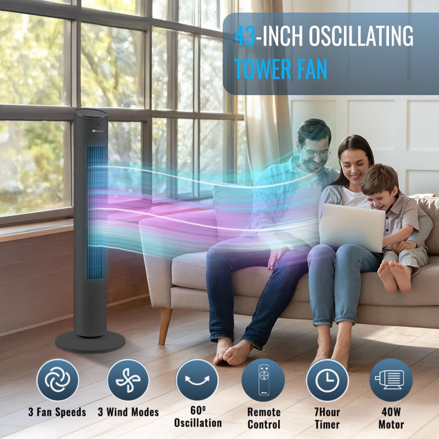 PureMate 43-inch Tower Fan, Oscillating Floor Fan with Remote Control, 3 Speeds Setting, LED Display, 7-Hour Timer, Powerful 40W Electric Standing Fan, Portable Quiet & Ideal for Bedroom